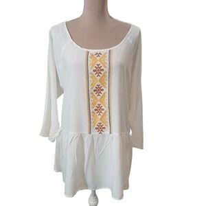 Lanesra White Embroidered Tunic Top Long Sleeve Drop Waist Boho Festival    L